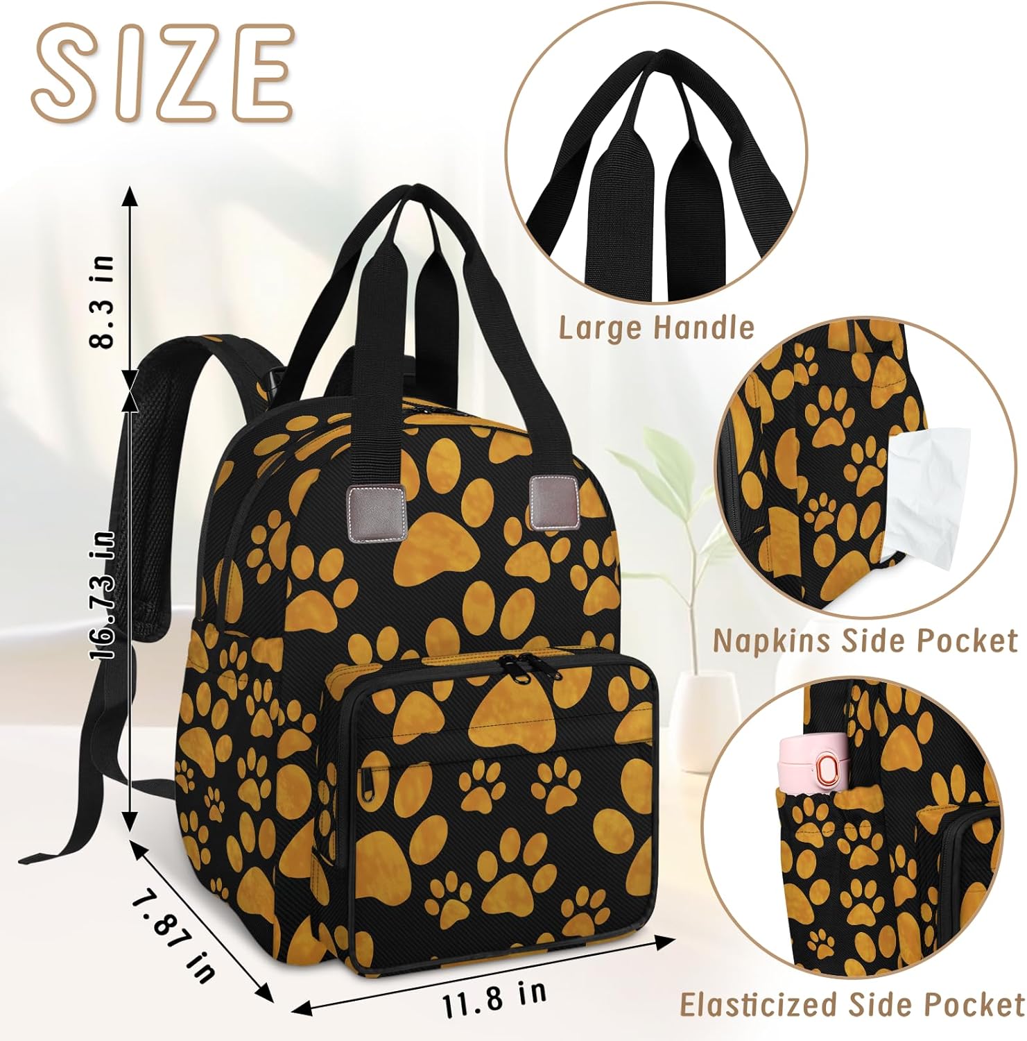 Animal Dog Paw Prints Diaper Bag Backpack Baby Essentials Travel Tote Bag with USB Charging Port Large Waterproof Moms Dads Backpack for Work Travel Holiday - Image 3