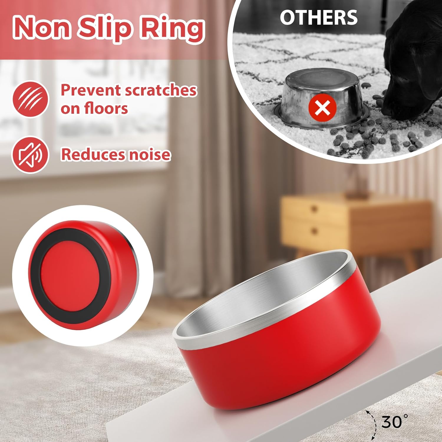 Stainless Steel Dog Bowl, Metal Water and Food Dish for Large Dogs, Insulated Non-Slip Pet Bowl, Easy Clean, 40oz, Red - Image 7