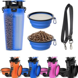 20oz Travel Dog Water Bottle & 2X 12oz Collapsible Bowls [with Crossbody STRP], 2 in 1 Dog Portable Water Food Container, Pet Water Bowl Dispenser for Walking, Traveling, Camping and Hiking [Blue]