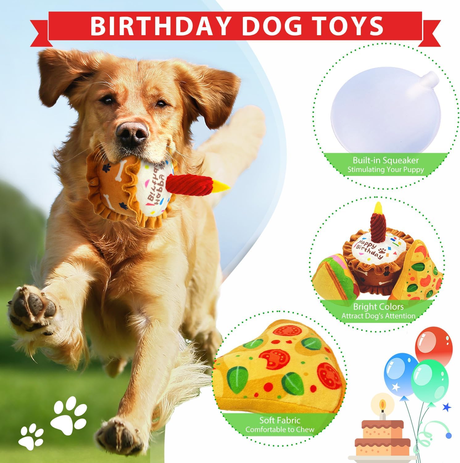 Birthday Squeaky crinkly Cake Aggressive chew for pups Sandwiches Pizza Party Dog Toy Colorful Playset to Keep Your Furry Friend Busy with 3 Pack Gift Toys - Image 4