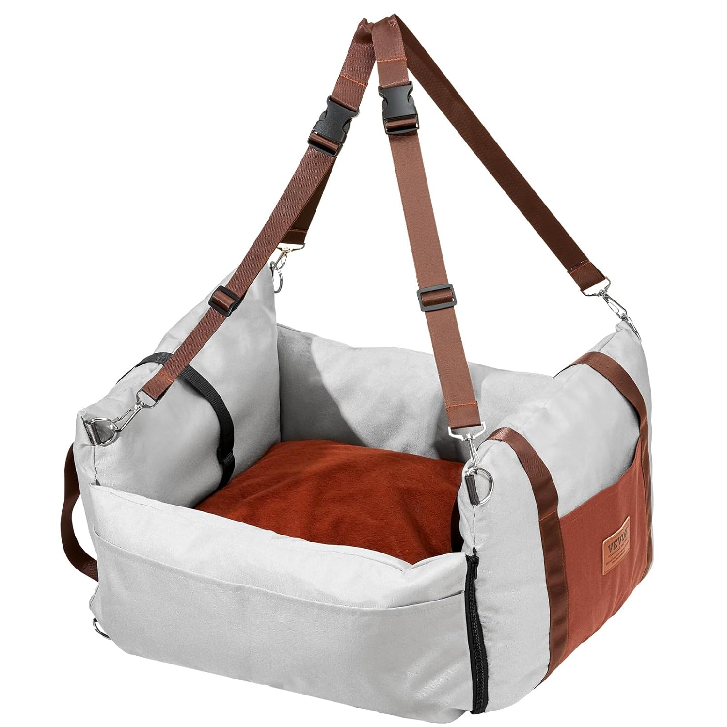 VEVOR Dog Car Seat, Waterproof Dog Booster Seat for Car with Side Handles and a Storage Pocket, Clip-On Safety Leash and PP Cotton Filling, Vehicle Bed for Small Dogs up to 25lbs, Gray - Image 9