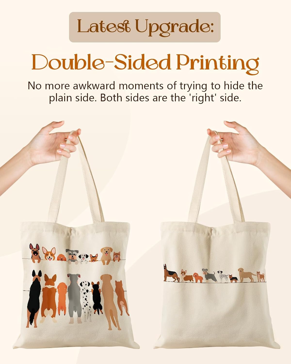 Canvas Tote Bag for Women – Aesthetic Canvas Bag with Zipper Cute Stylish Reusable Shoulder Totes for Shopping Work Daily Vacation, Multi Puppies - Image 5