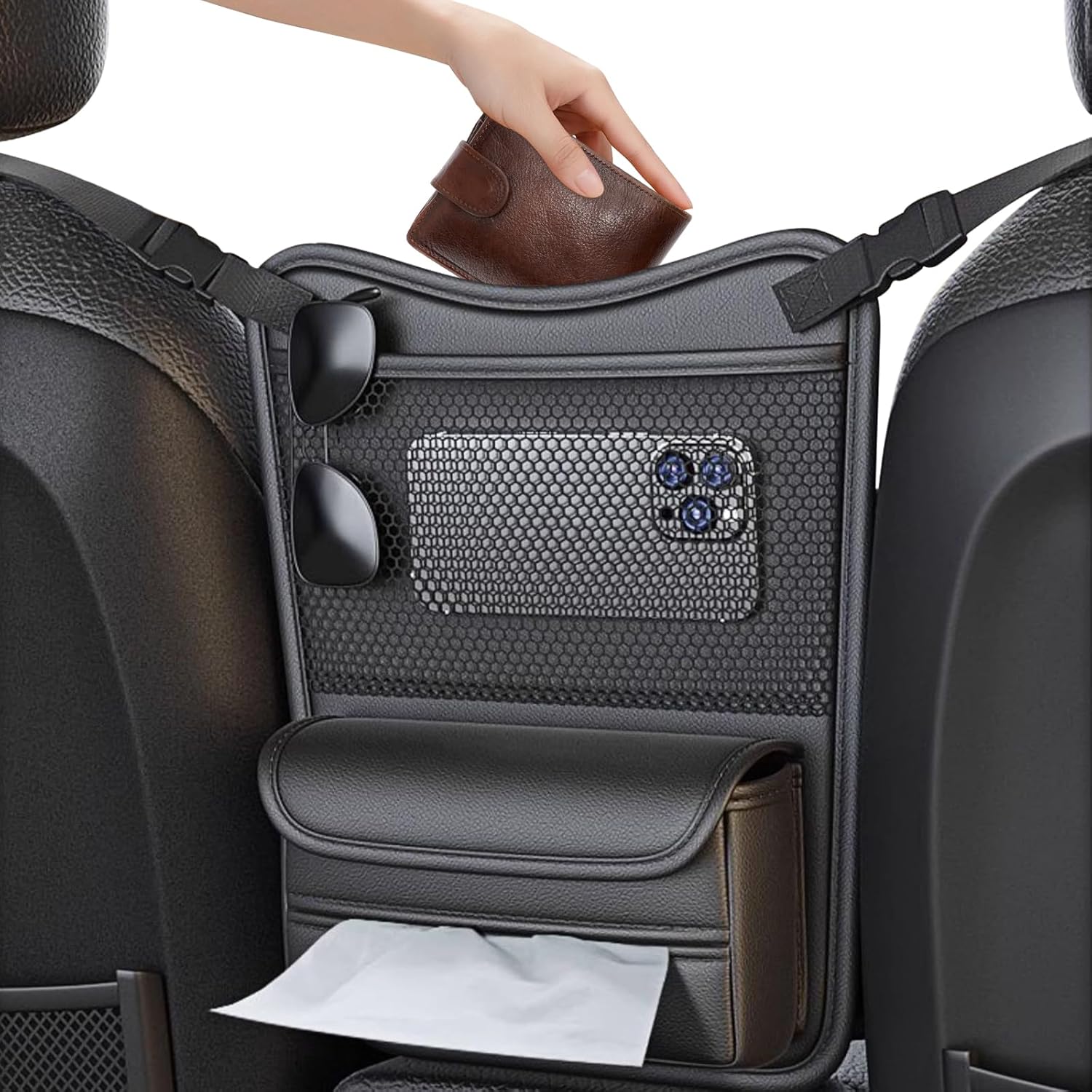 Car Organizer Storage Between Seats, Nappa Leather Headrest Hanging Storage Bag Pocket Purse Holder Snack Holder Automotive Console Organizer for Travel, Driving