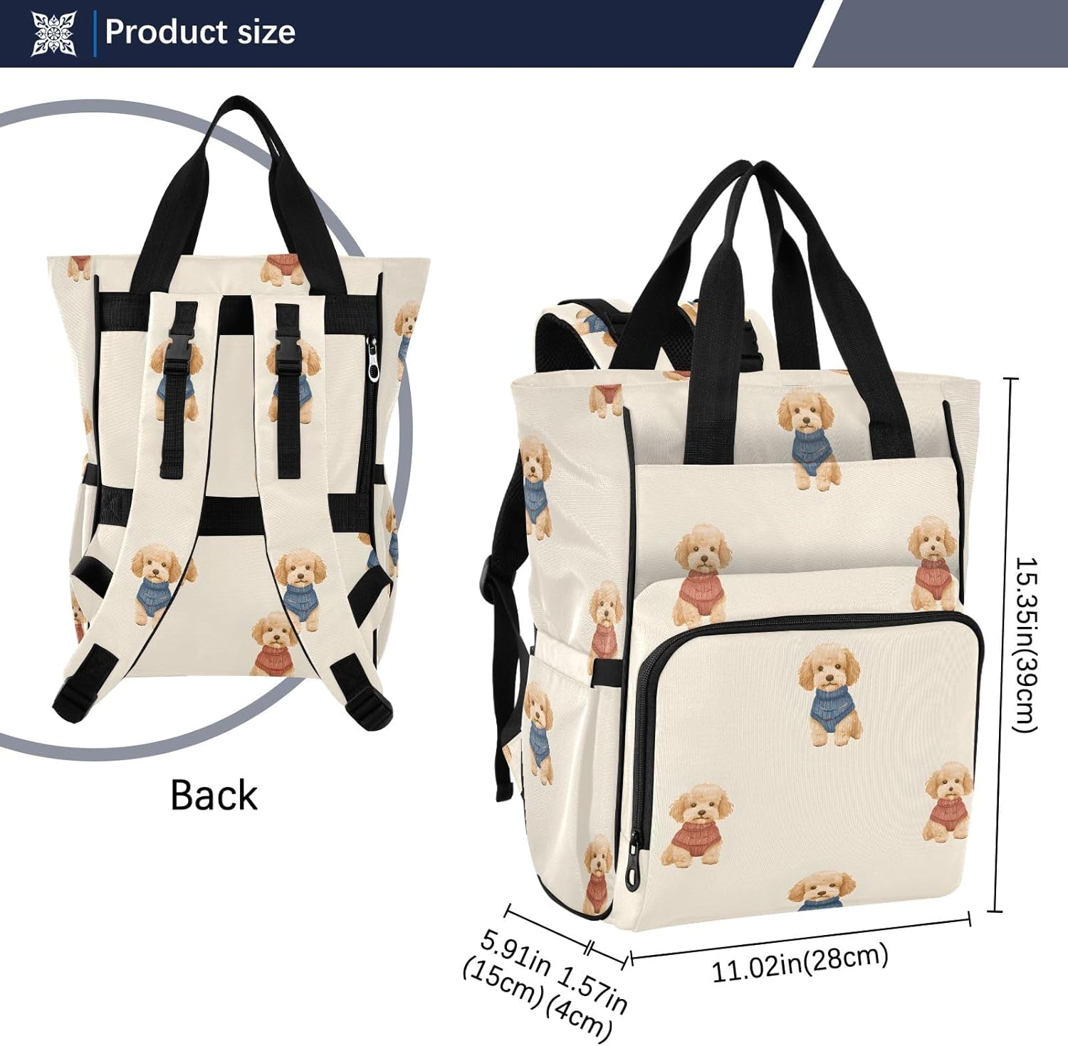 Diaper Bag Backpack Tote Multifunction Baby Nappy Changing Bags Brown Dogs Large with Stroller Straps Travel - Image 3