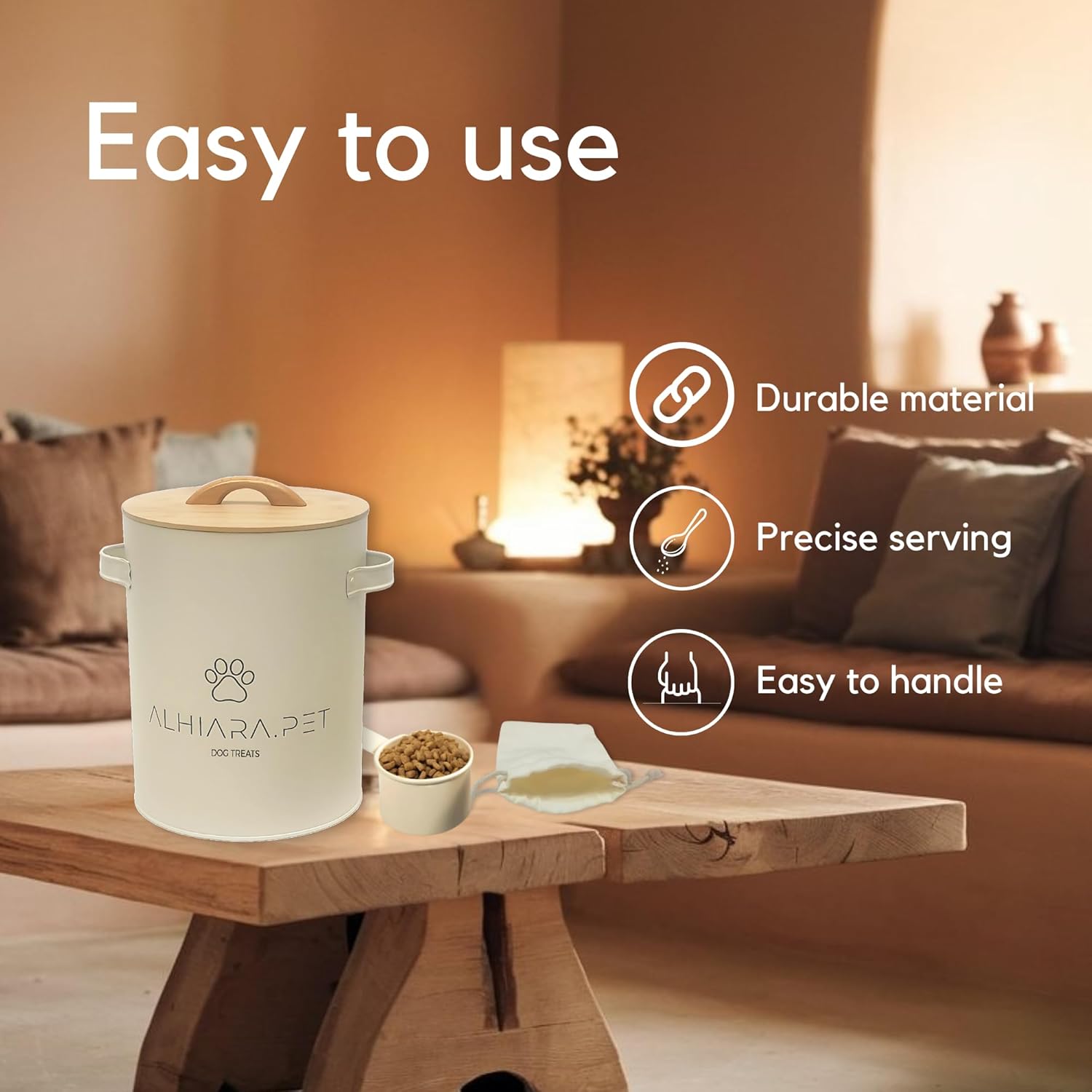 Dog Food Container & Dog Treat Container – Airtight Metal Canisters with Bamboo Lid & Scoop – Holds Up to 24 Cups of Kibble, Biscuits & Snacks – Decorative Farmhouse Storage - Image 5