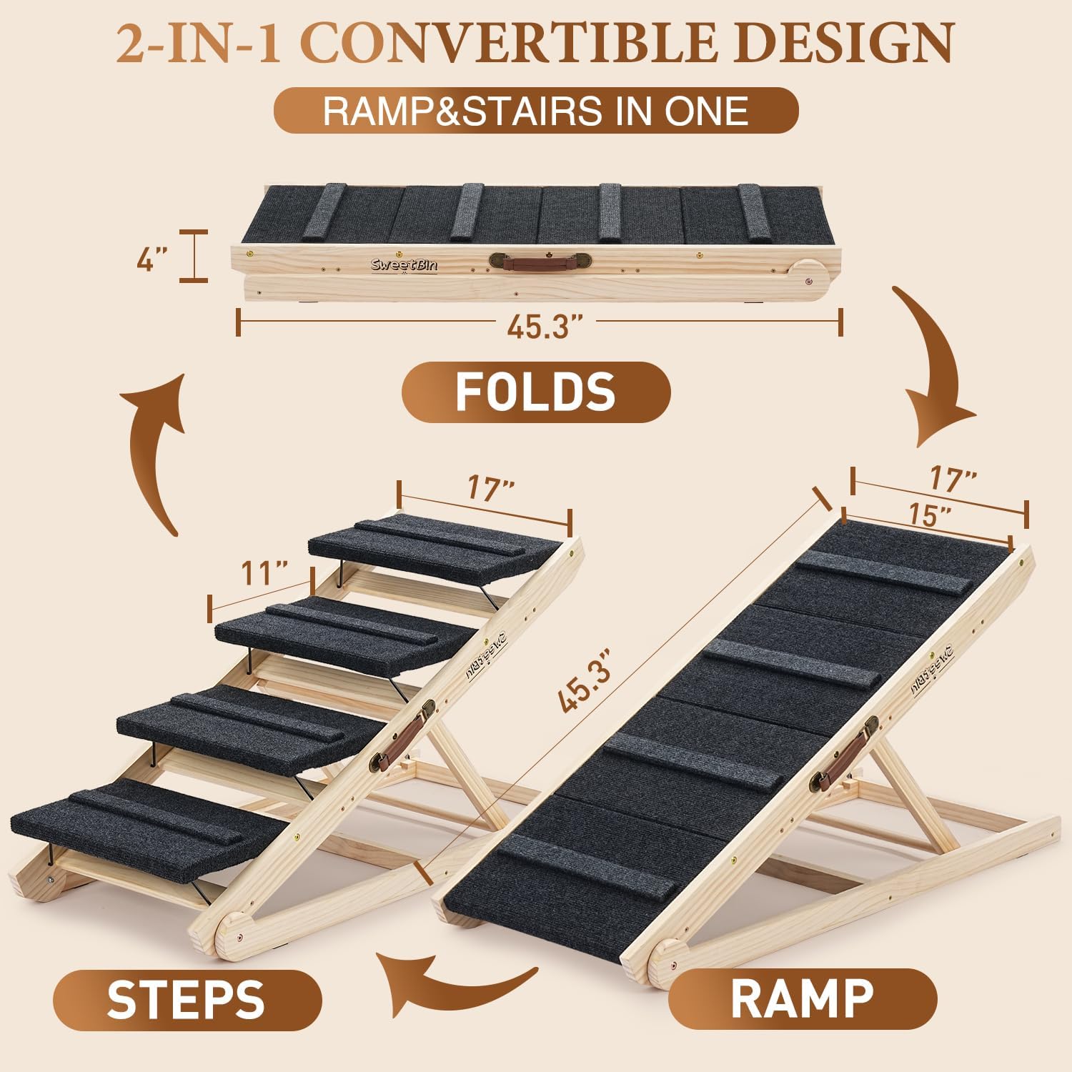 2025 Upgraded Dog Steps for Bed & Couch - 2-in-1 Dog Stairs/Ramp for Small to Large Breeds - 45.3" Long Adjustable 14"-26" Up to 200LBS - Folding Portable Wooden Pet Stairs for high Bed Couch Car - Image 5