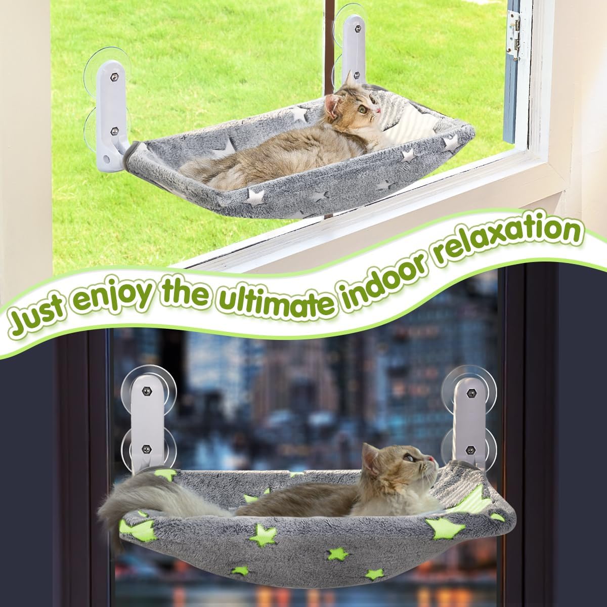 2PC Cat Window Perch, Glow in The Dark Cordless Foldable Pet Hammock Bed for Window with Sturdy Metal Frame, Glowing Stars Pattern Resting Seat for Indoor Cats (2PC Stars - M) - Image 7