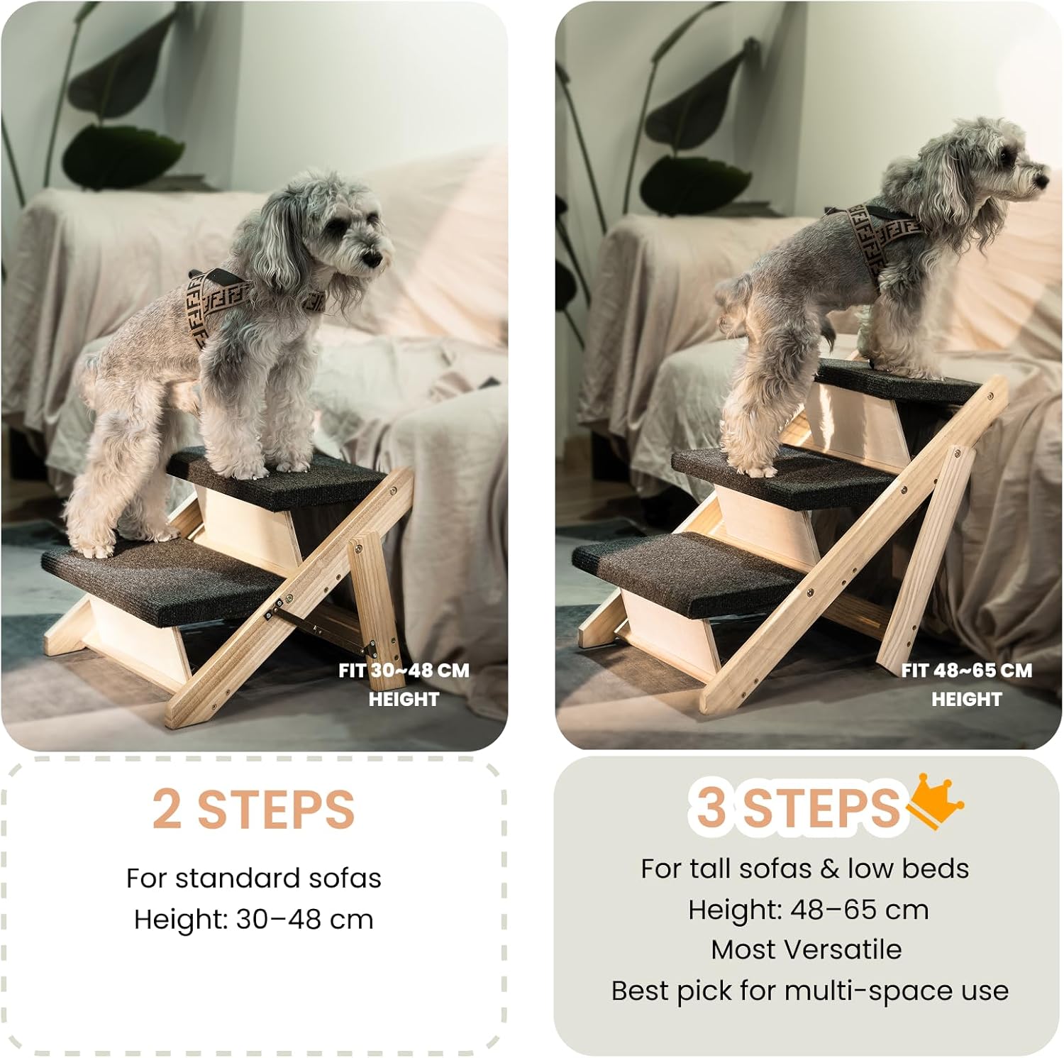 MEWANG Wood Pet Stairs & Ramp for Small/Medium Dogs and Cats, Aging Pets – 3-in-1 Foldable, Portable, Non-Slip Pet Ladder for Tall Beds, Couches,Cars–Holds Up to 220 lbs (17.3" L x 17.2" W x 13.0" H) - Image 4