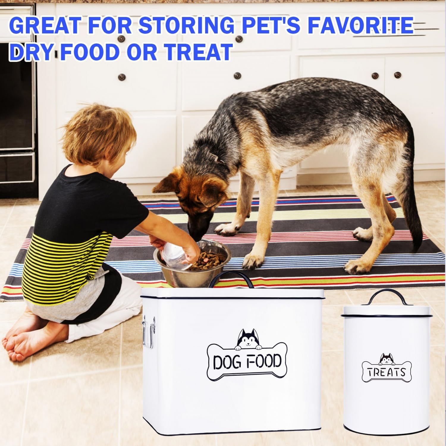Large Dog Food Storage Container Set - Farmhouse Airtight Dog Treat Container for Kitchen Counter, Dog Food Container with handles and Serving Scoop, Great Gift for Pet Owners - Image 5