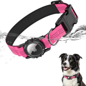 AirTag Dog Collar, IP68 Waterproof Integrated Air Tag Dog Collars with Reflective, Ultra-Durable, Comfortable Padded, Heavy Duty Dog Collars for Small Medium Large Dogs, M (12.6"-17.1"), Pink