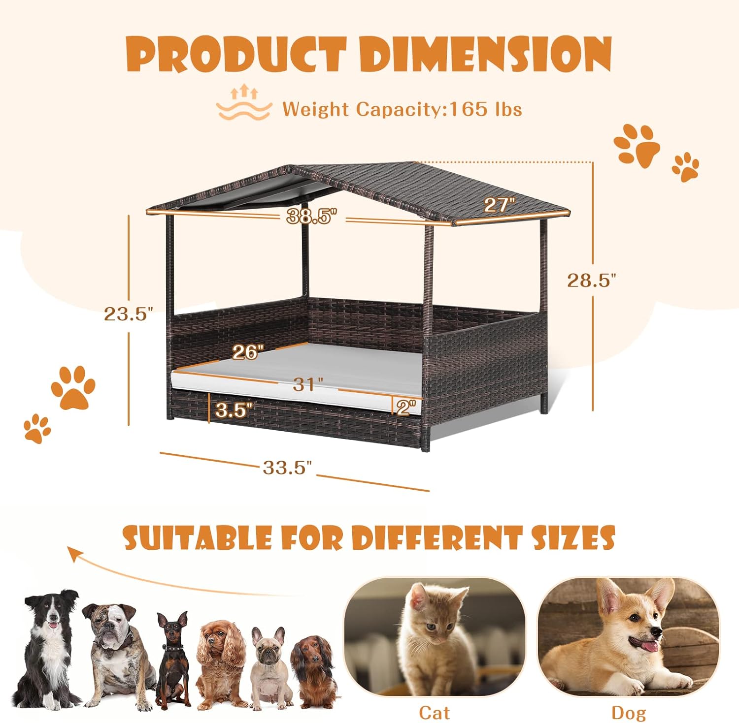 Giantex Wicker Dog House, Raised Rattan Dog Bed with Waterproof Roof, Washable Cushion Cover, Steel Frame, Indoor Outdoor Elevated Dog Bed Pet House for Small Medium Dogs Cats, Easy Assembly - Image 2