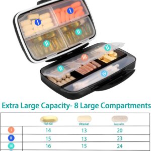 Travel Pill Organizer Large Portable Moisture Proof Vitamin Case, Fullicon Oversize 8 Compartment Pill Box, Pill Holder – Airtight & Moistureproof – Grey