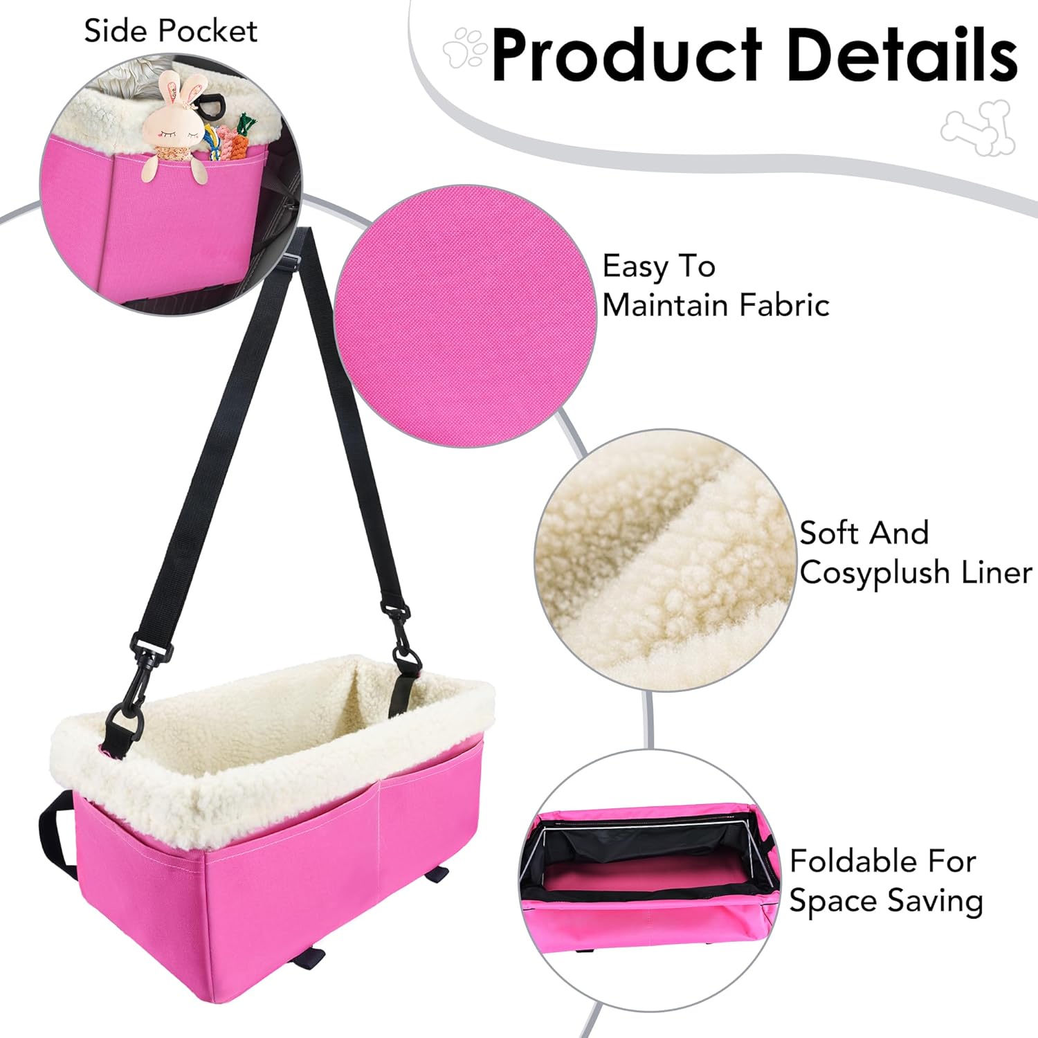 Dog Car Seat for Small Dogs, Center Console Dog Car Seat with Metal Frame & Double Protection Seat Belts, Pet Booster Seat with Safety Leash and Storage Pocket for Pets Dogs Cats, Pink - Image 4