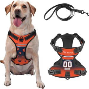 Custom Denver Dog Harness with Reflective Stripes Personalized Name and Number Dog Vest Harness with Pet Traction Rope for Small Medium Large Dog