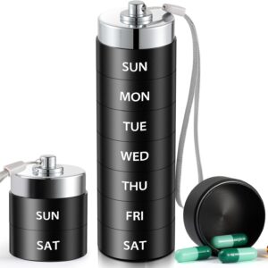 Metal Travel Pill Organizer, Large Weekly Pill Box, Portable Aluminum Alloy Waterproof Container, 7 Day Daily Medicine Organizer Holder for Vitamin, Fish Oil, Supplement, Black