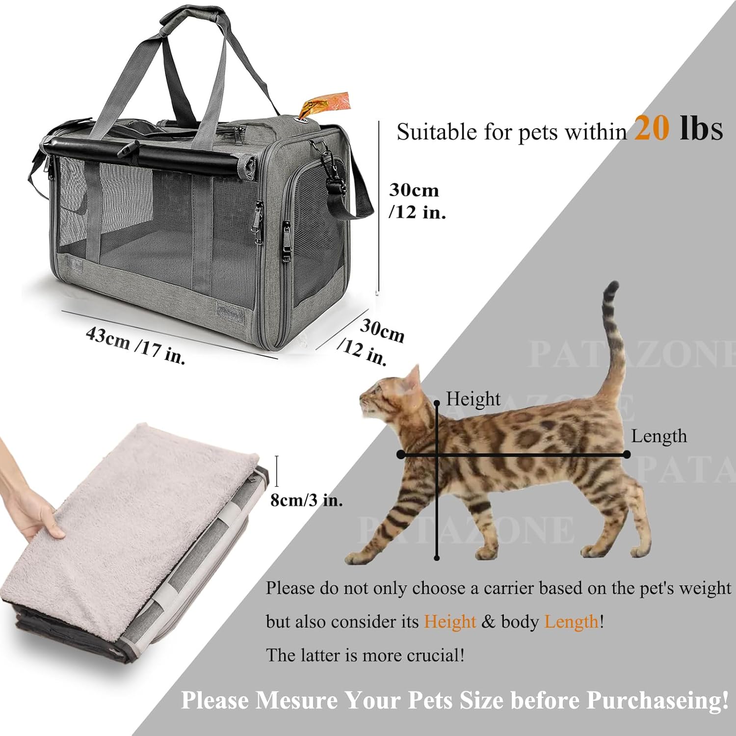HSC PET Grey Cat Carriers Soft Small Dogs Carrier Airline Approved,Soft-Sided Pets Carrier with Large Pockets,Active Sunshades Curtains,Lightweight,Keeped Shape (Hold up Well) - Image 2