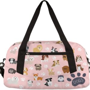 Dog Duffle Bag for Girls, Cute Kids Overnight Bags Pink Girls Dance Bag Lightweight Water Resistant Foldable Dog Paws Sports Gym Bag Weekender Overnight Sleepover Carry On Travel Bag