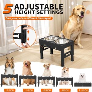 Elevated Dog Bowls with 2 Stainless Steel Bowls, Raised Dog Food Bowl Stand 5 Height Adjustable (3.1″, 9″, 10″, 11″, 12″) Non-Slip Feeder Station Set for Medium and Large Dogs – Black