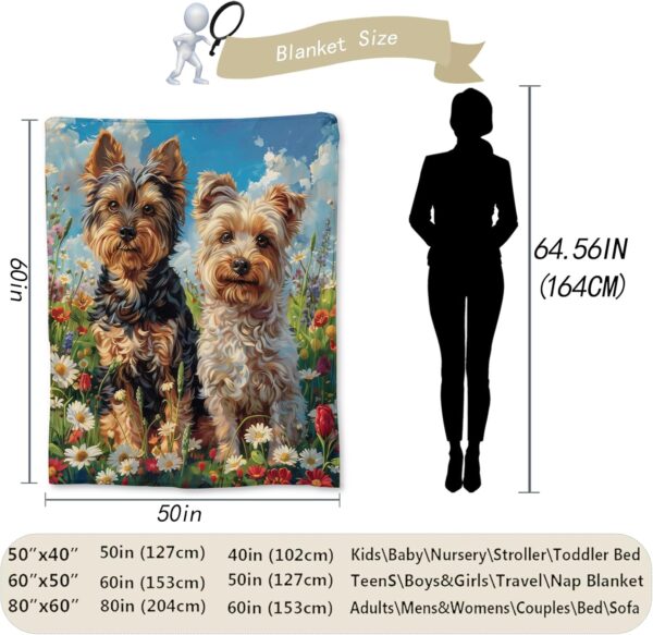 Cute Yorkie Dogs in Flower Field Blanket | Soft Warm Fuzzy Lightweight Flannel Throw Blanket for Couch, Bed, Decor, Travel & Outdoor Use, Cozy Blankets for Adults Kids Women Girls 60×50 in - Image 3