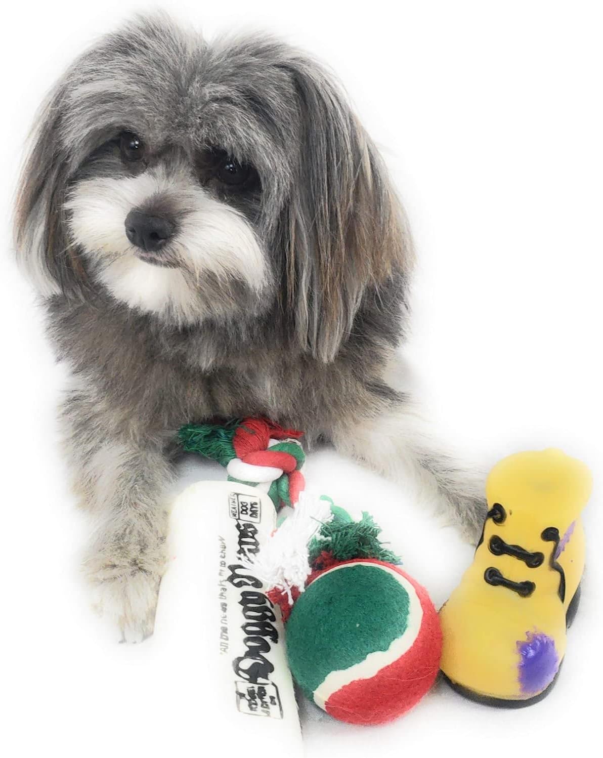 Christmas Stocking for Dogs. Squeaky newspaper toy, squeaky boot toy, a red, green and white tennis ball and a red, white and green cotton knotted rope. - Image 3