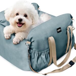 Dog Booster Car Seat for Small Dogs with Heavy Duty Safety Belt and Lock, Waterproof Detachable Dog Travel Bed for Car with Storage Pocket Up to 25lbs, Memory Foam Filling for Max Support