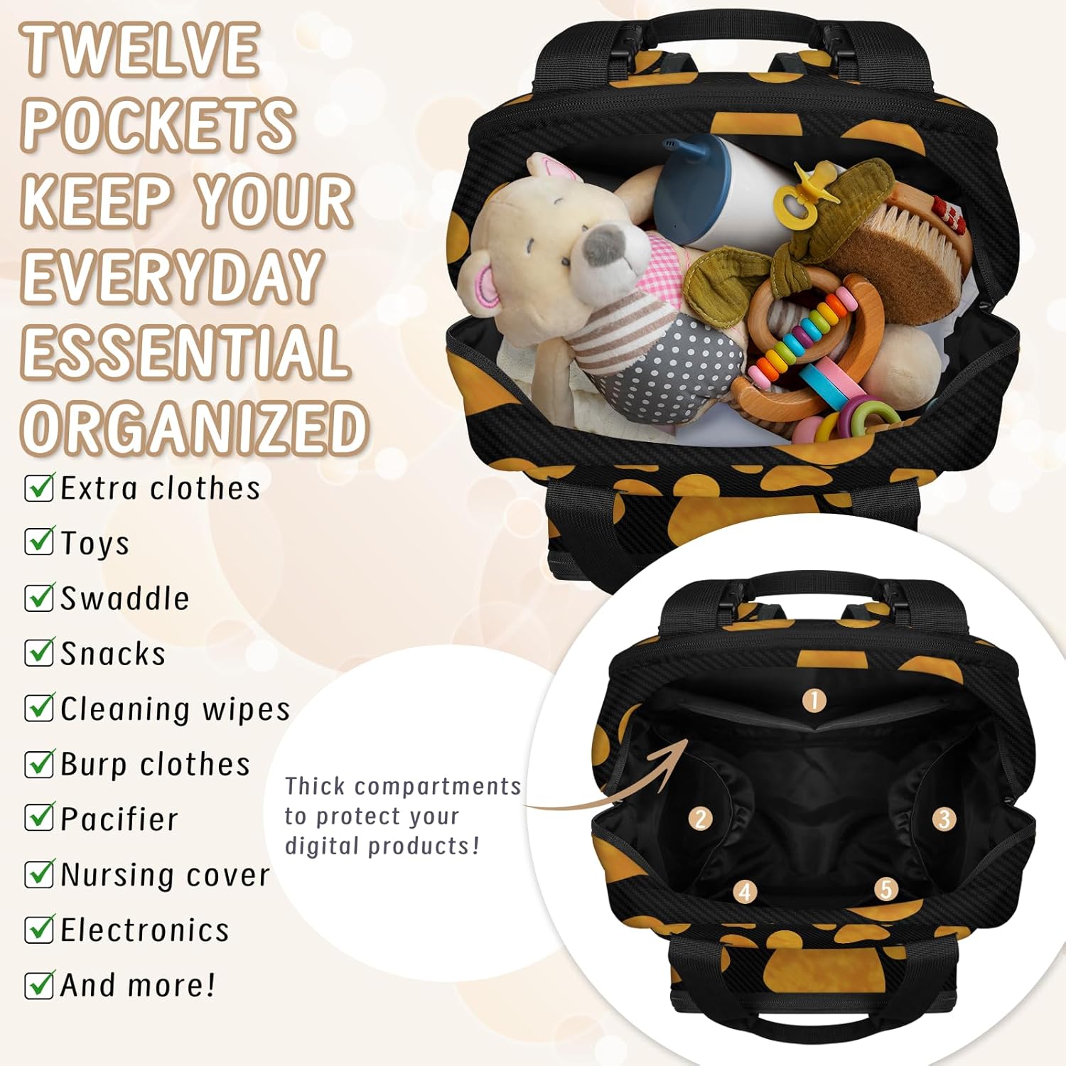 Animal Dog Paw Prints Diaper Bag Backpack Baby Essentials Travel Tote Bag with USB Charging Port Large Waterproof Moms Dads Backpack for Work Travel Holiday - Image 5
