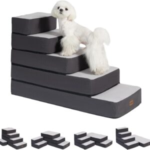 5-Step Adjustable Dog Stairs for High Beds, Dog Steps for Small Dogs and Cats, Foldable Pet Stairs for Bed Climbing, Non-Slip Pet Step Indoor, Grey