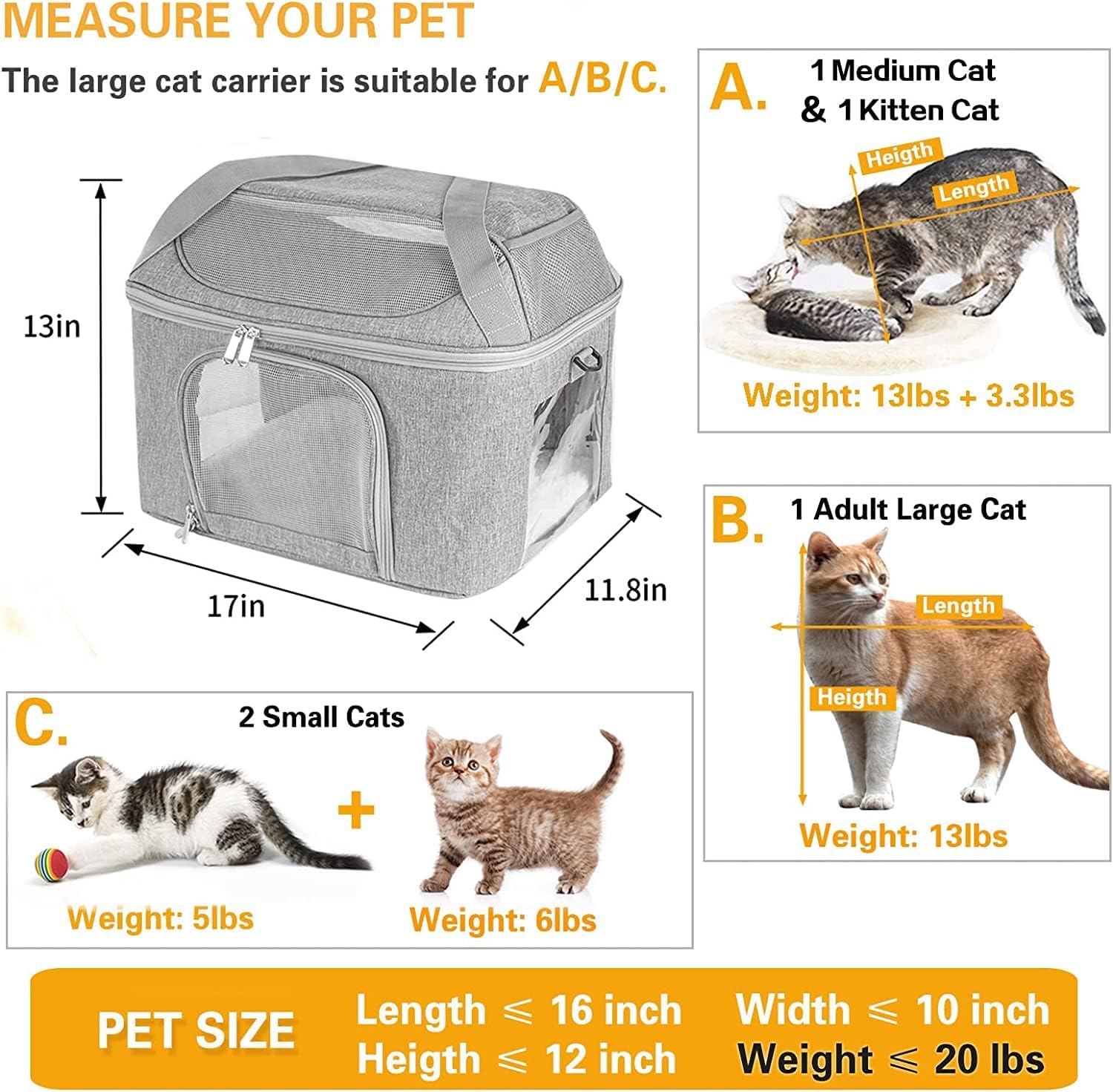 Large Cat Carrier Soft Side Pet Carrier for Kitten Puppy Collapsible Travel Small Dog Carrier, TSA Airline Approved Pet Carriers for Under 20 lbs, Gray - Image 2