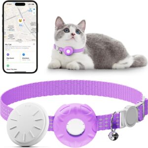Cat Tracker, Waterproof Pet Tracker for Cats, Cat GPS Tracker Collar with Safety Elastic Buckle, Compatible with Apple Find My App (Only iOS), No Monthly Fee, Purple