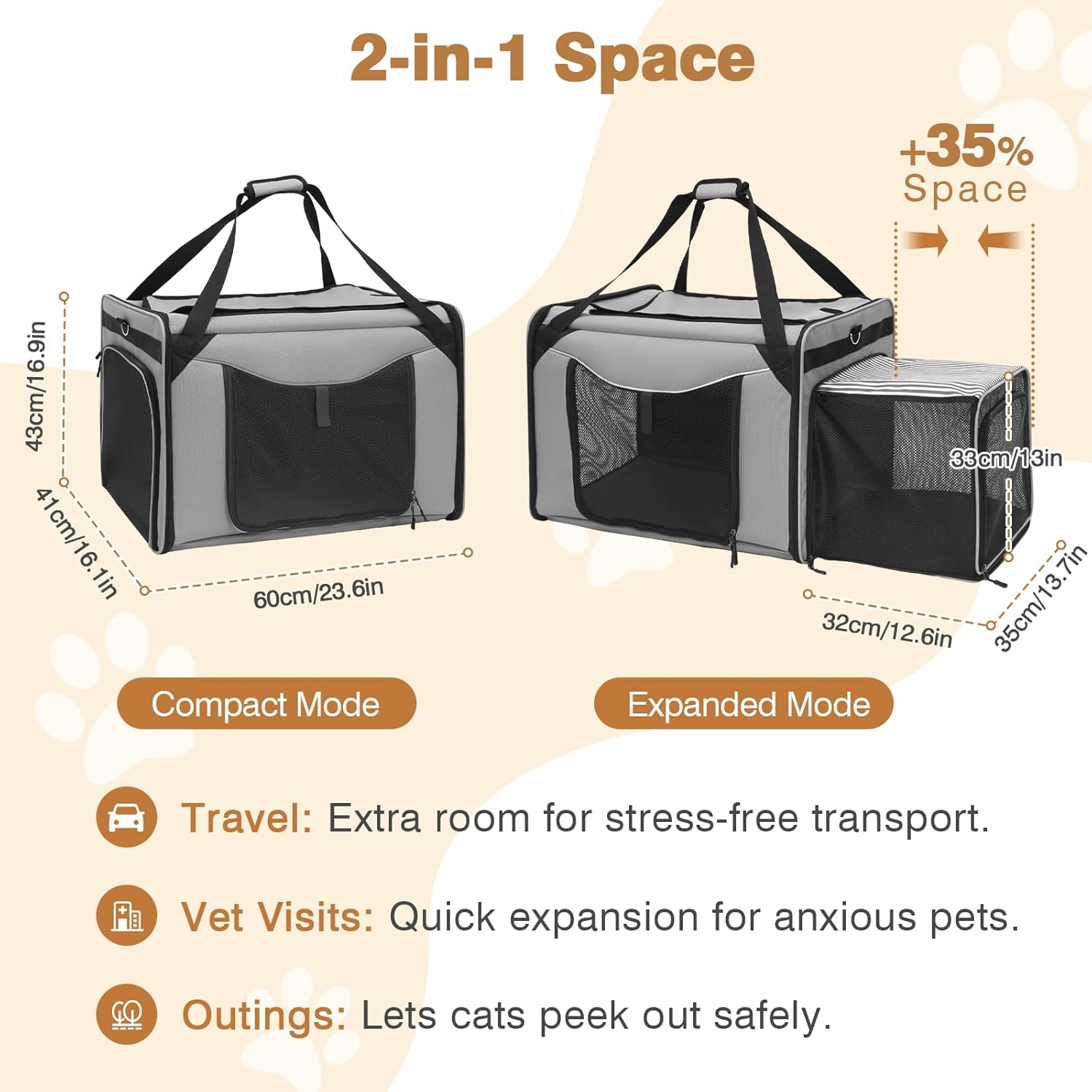 Extra Large Cat Travel Carrier with Litter Box, Soft Cat Carrier for Large Cat, Expandable Cat Carrier for Car Travel, Road Trip, Camping, up to 35 lb, 23.6''(L) x 16''(W) x 17''(H) - Image 2