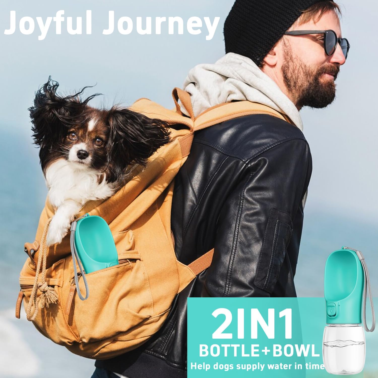 Portable Dog Water Bottle with Bowl, Leak Proof, Convenient for Walking, Hiking and Camping (Blue, 19oz) - Image 2