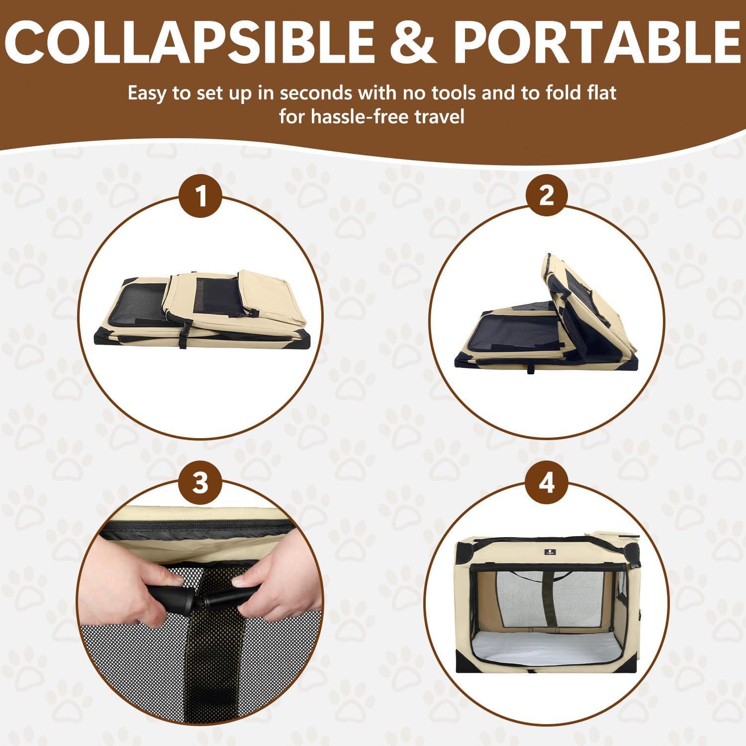 X-ZONE PET Dog Crate 3-Door Kennel, Collapsible Portable Soft Sided Pet Carriers for Indoor & Outdoor, Multiple (28-Inch, Rice White) - Image 4