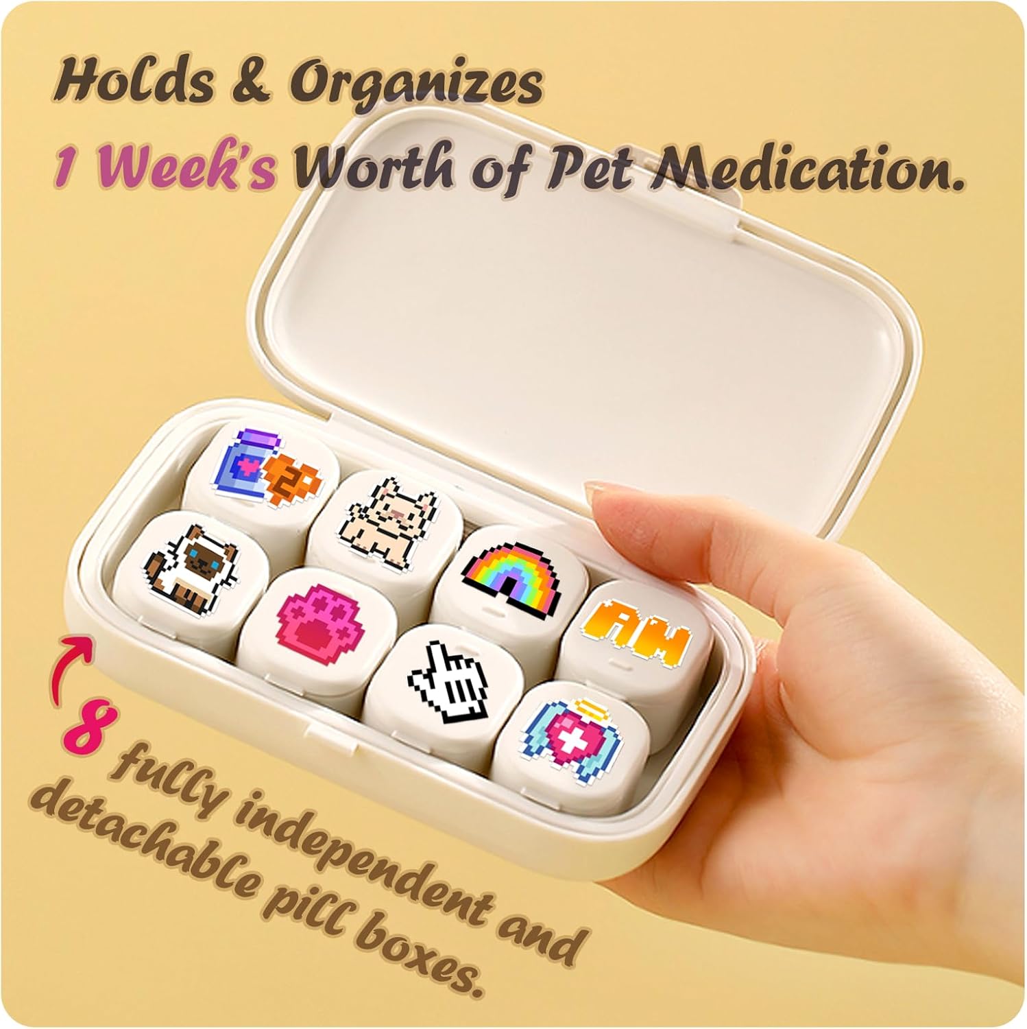Cute 7 Day Pill Organizer Box with Medicine Labels, 8 Compartments Travel Pill Case Airtight Moistureproof, for Vitamins, Fish Oil, Supplements - Image 2