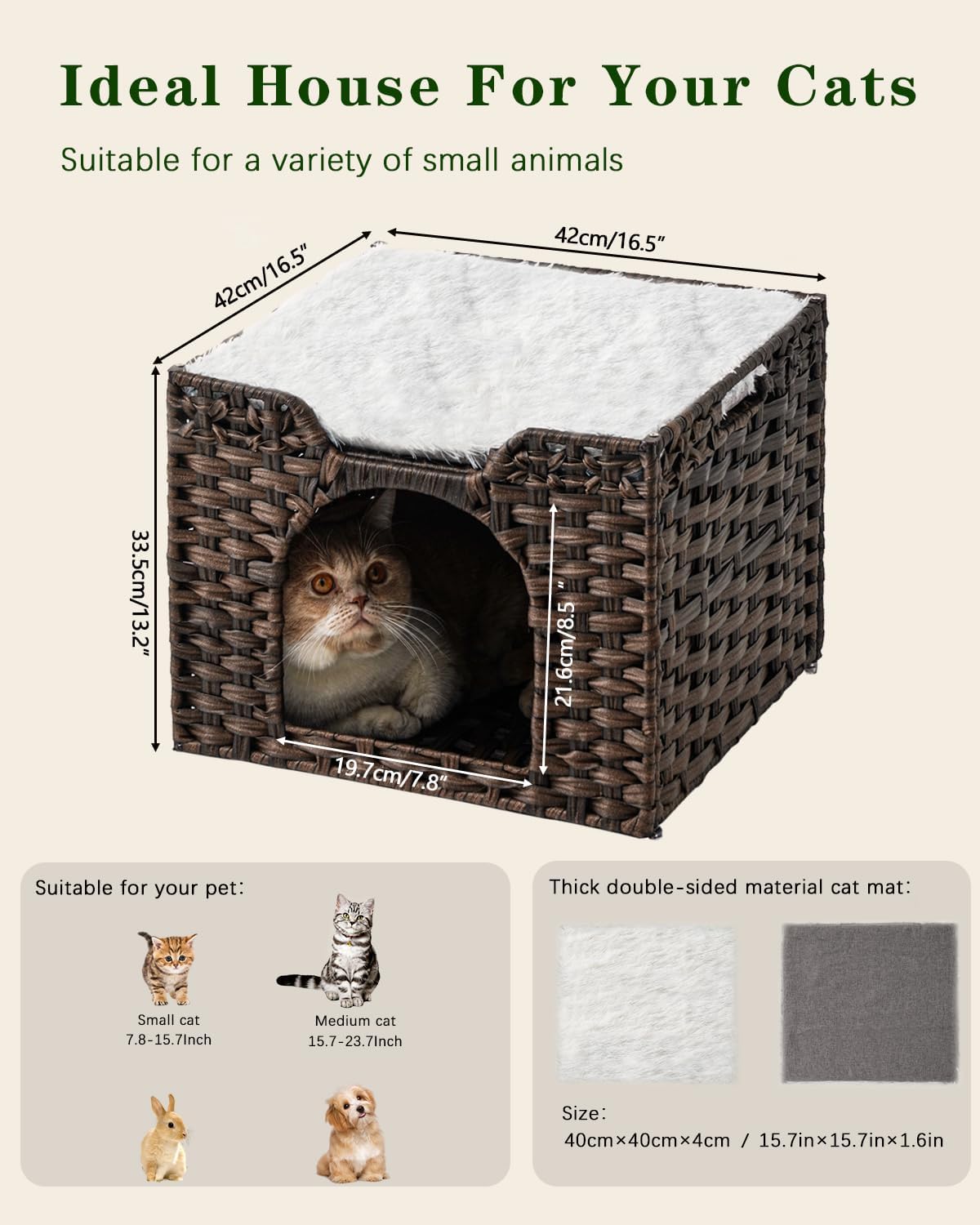 Cat Beds Indoor Kitten House, Handwoven Rattan Cat Cave Pet Cube, Large Cat Houses, One Bed Mat, Foldable, Hideaway, 16.5x16.5x13.2 Inches, 2 S-Shaped Hooks in Living Room Bedroom Brown - Image 6