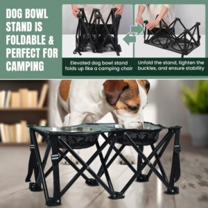 Foldable Camping Elevated Dog Bowl Stand – 10″ Height Raised Dog Feeding Stand with 2 Stainless Steel Bowls 2.6″ Depth – Portable Food and Water Bowl Set for Medium and Large Dogs – Black