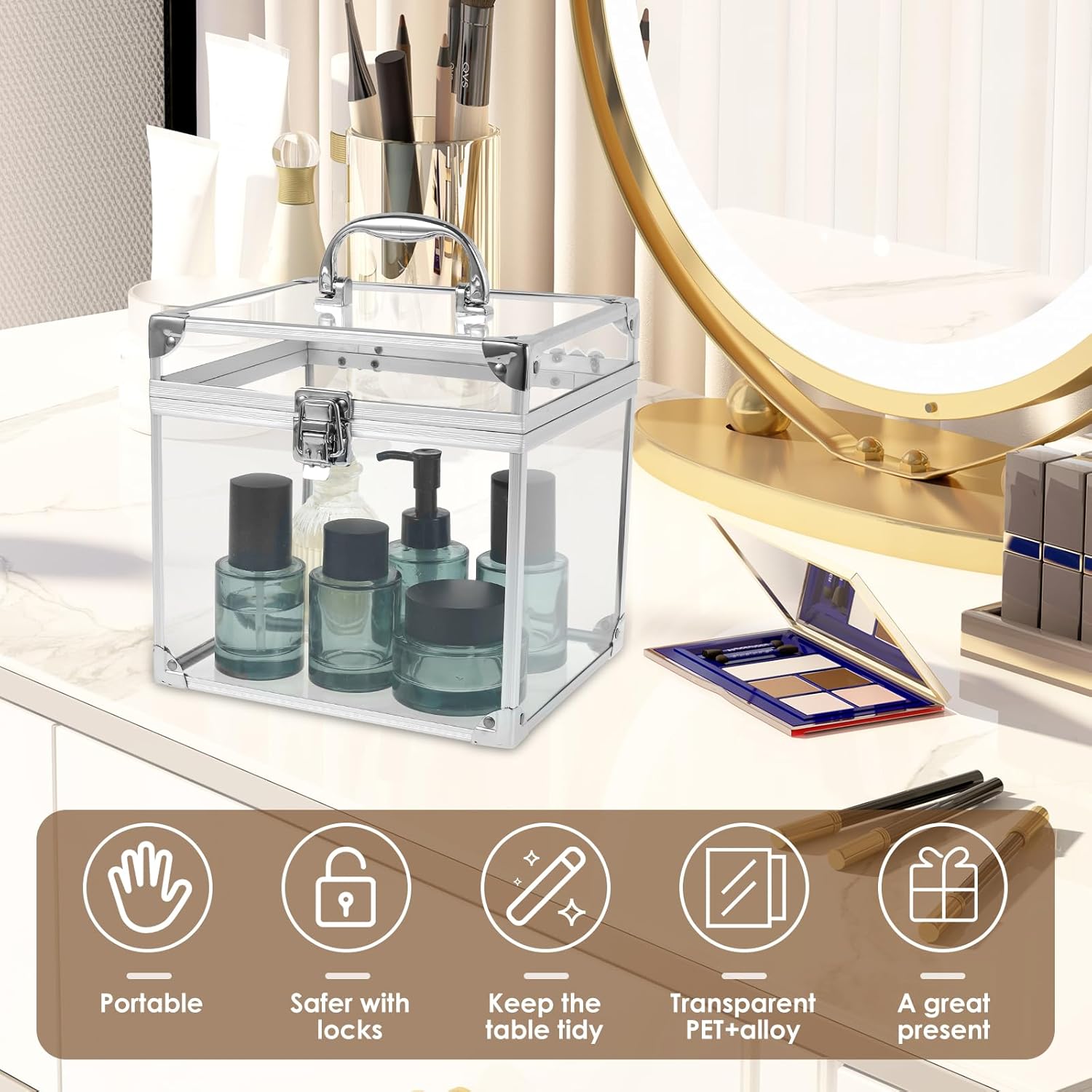 Crown Boxes for Pageants 7.9 X 6.7 X 7.5 In Clear Large capacity Makeup Train Case Cosmetic Case with Latches and Handle Toiletry Organizer Box Travel Makeup Tools Storage Organizer Box - Image 2