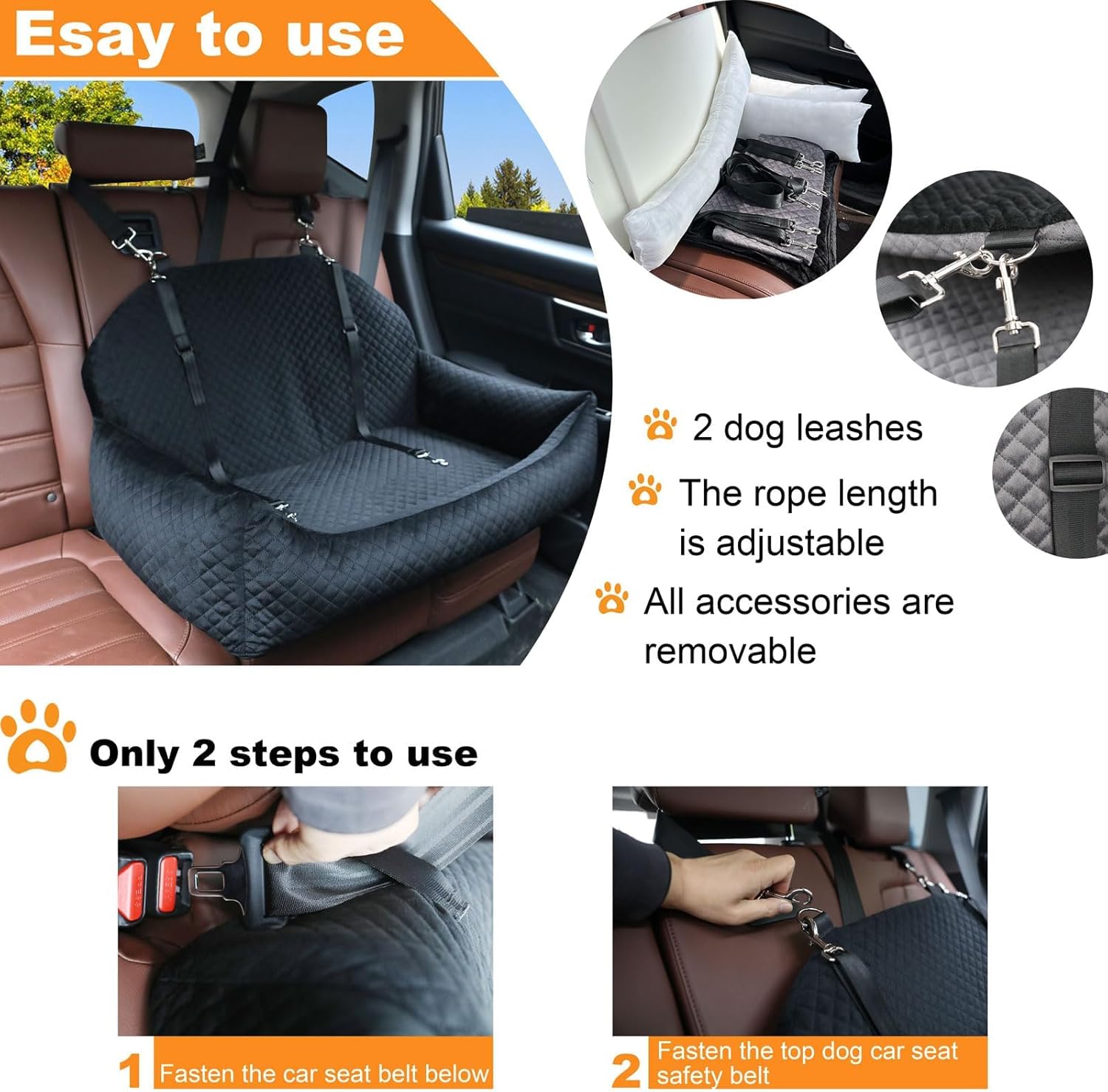 Large Dog Car Seat,Dog Car Bed for Large & Medium & 2 Small Dogs,Pet Booster Seats for Travel Safety,Soft Fabric and Non-Slip Base,Can Be Disassembled and Easy to Clean(Black) - Image 3