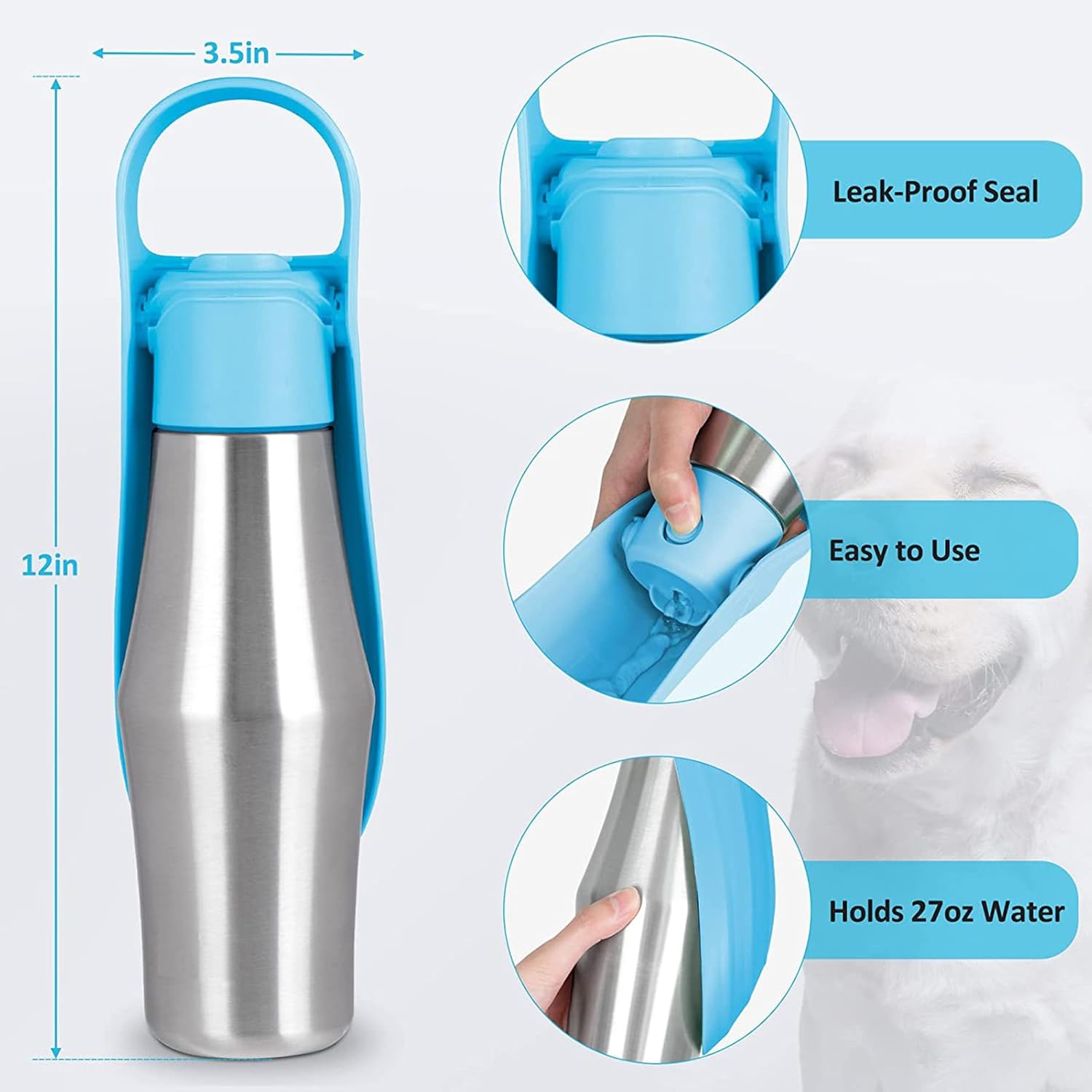 Dog Water Bottle, 27oz(750ml) Large Portable Dog Water Bottle, Dog Travel Water Bottle, Dog Water Bottle Dispenser, Stainless Steel Pet Travel Cup Outdoor Dog Water Bowl Bottle (Gray) - Image 3