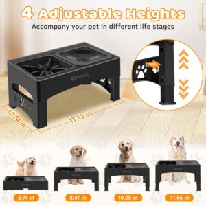 Elevated Slow Feeder Dog Bowls, Adjustable Raised Dog Bowl with No-Spill Water Bowl, Non-Slip Stand for Large, Medium, Small Dogs – 4 Heights: 3.7″, 8.5″, 10.1″, 11.7″ – Black