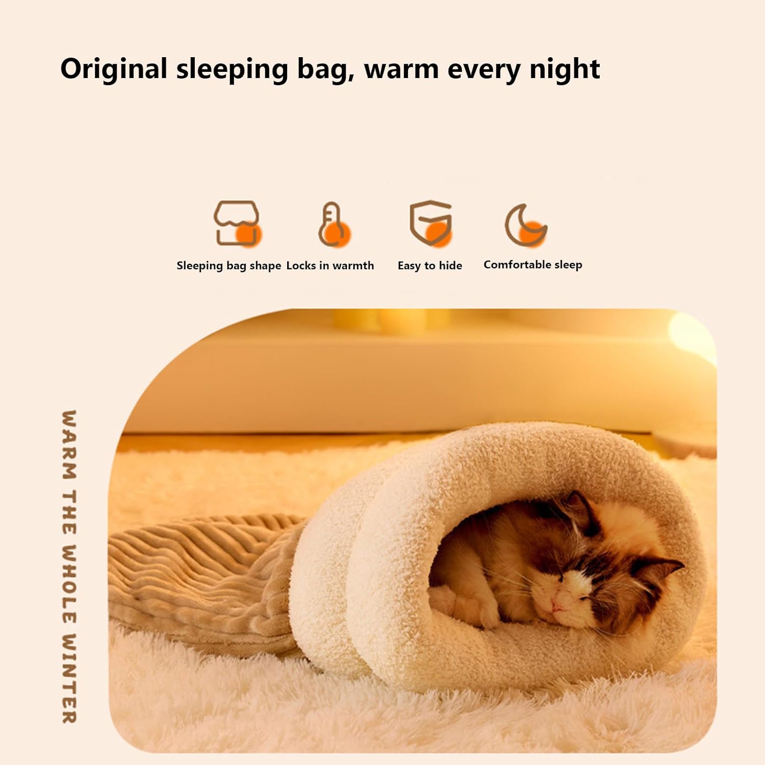 Cozy Pet Nest for Cats and Dogs, Semi-Enclosed Design, 360° Wrap Soft Plush Large Cat Sack Self Warm Cats Bed, Cat Bed Cave Sleeping Bag for All Seasons (Off White, L) - Image 5