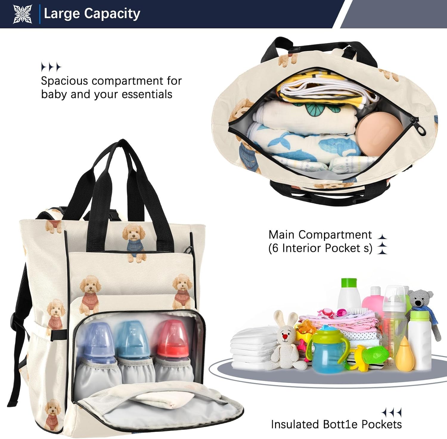 Diaper Bag Backpack Tote Multifunction Baby Nappy Changing Bags Brown Dogs Large with Stroller Straps Travel - Image 5