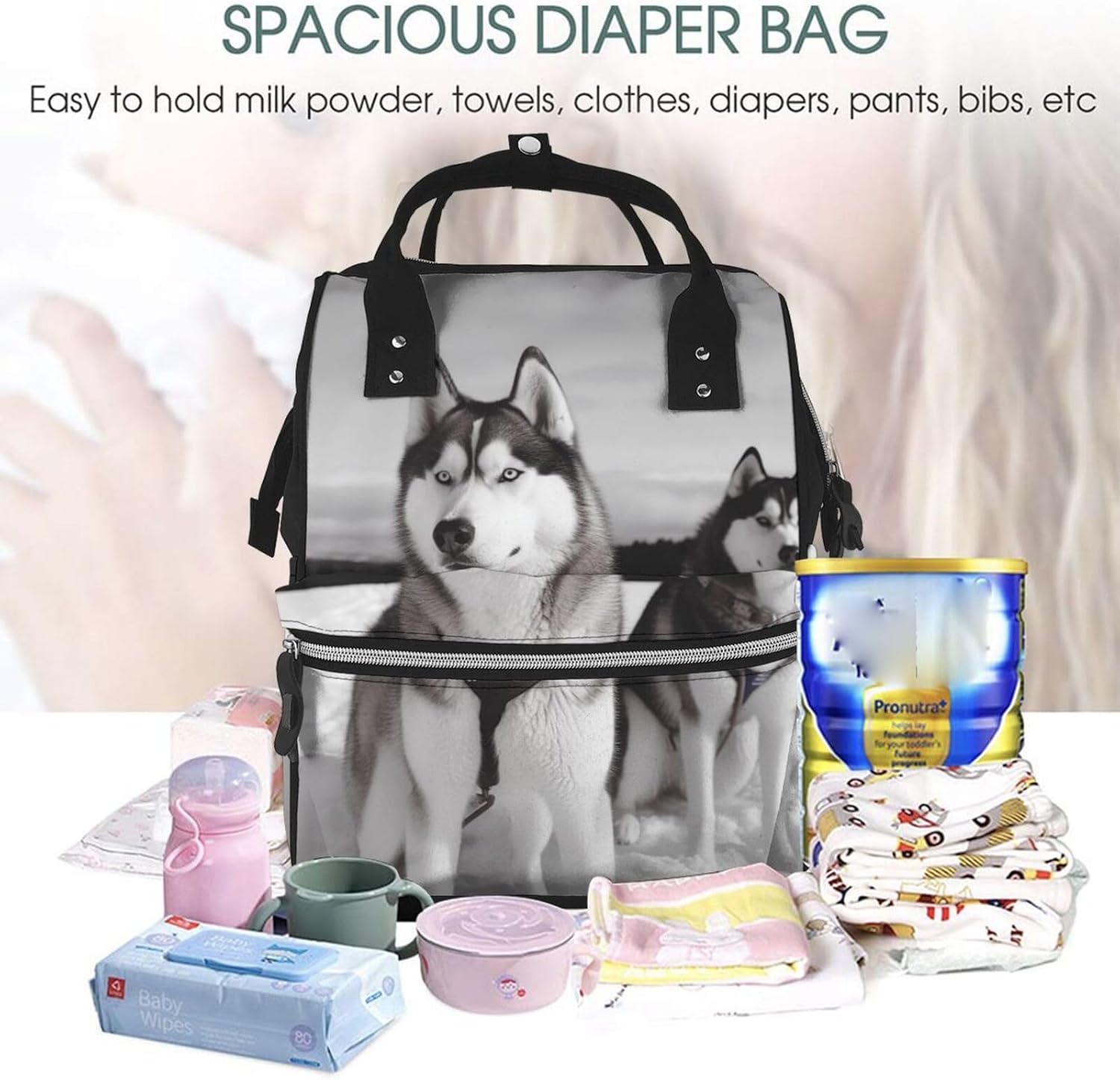 Husky dogs snow Diaper Bag Essentials Travel Tote Nappy Backpack Large Capacity Mummy Backpack Multifunction Waterproof Teacher Nurse Bag 15.7 inch Work laptop Bags - Image 5