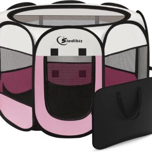 Pink Puppy Playpen for Middle Dog Cat, Dog Tent Crates Cage Indoor/Outdoor, Portable Pop Up Dog Kennel with Carrying Bag for Rabbits, Removable Top (Pink, Medium (36" x 36" x 23"))