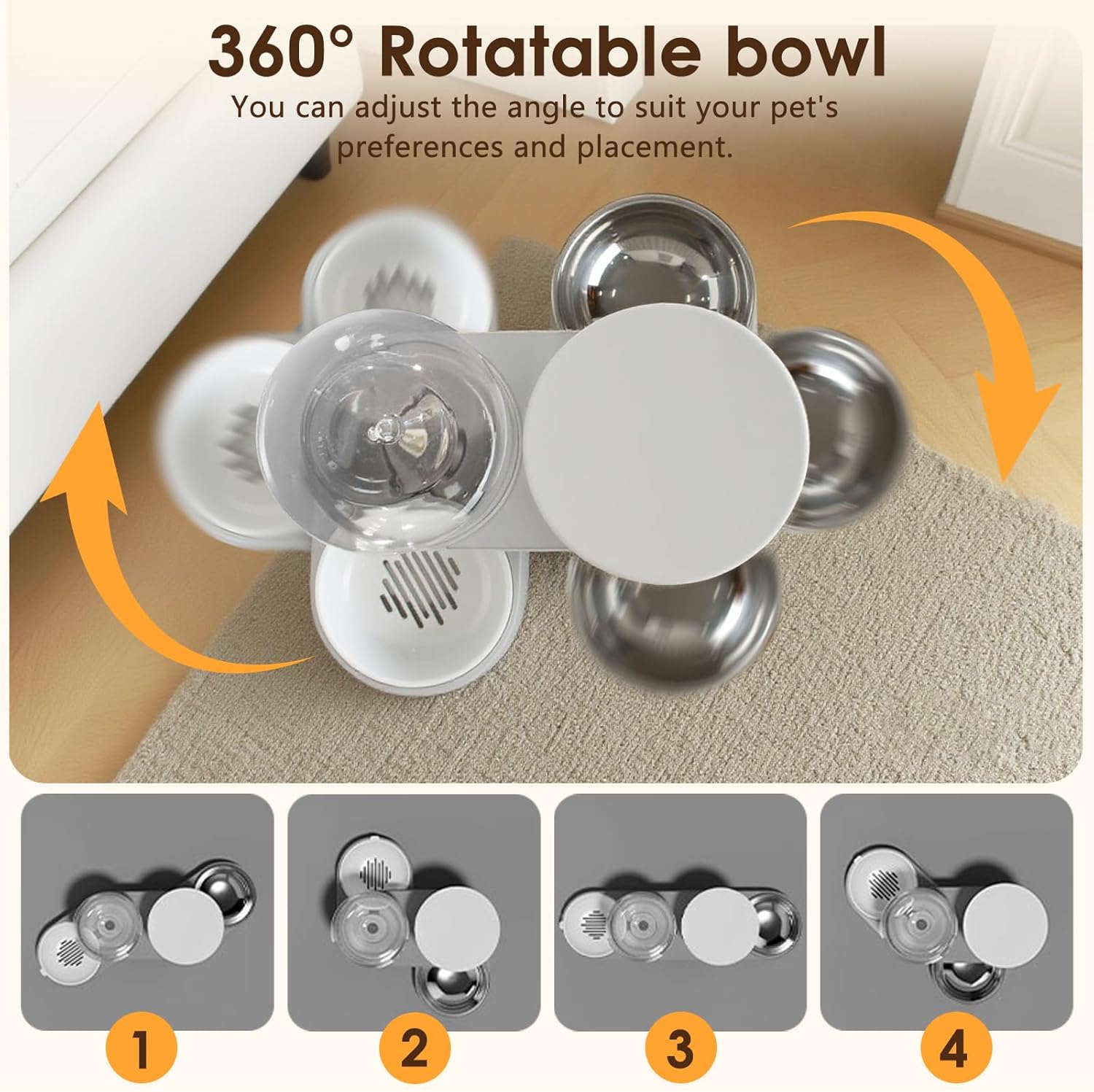 Automatic Gravity Cat Dog Feeder and Water Dispenser with 304 Stainless Steel Bowls 2 in 1 360 Degree Rotatable Auto 2.4L Dry Food and 2.6L Water Bowl for Small Medium Pet Dog Puppy Kitten (Gray) - Image 3