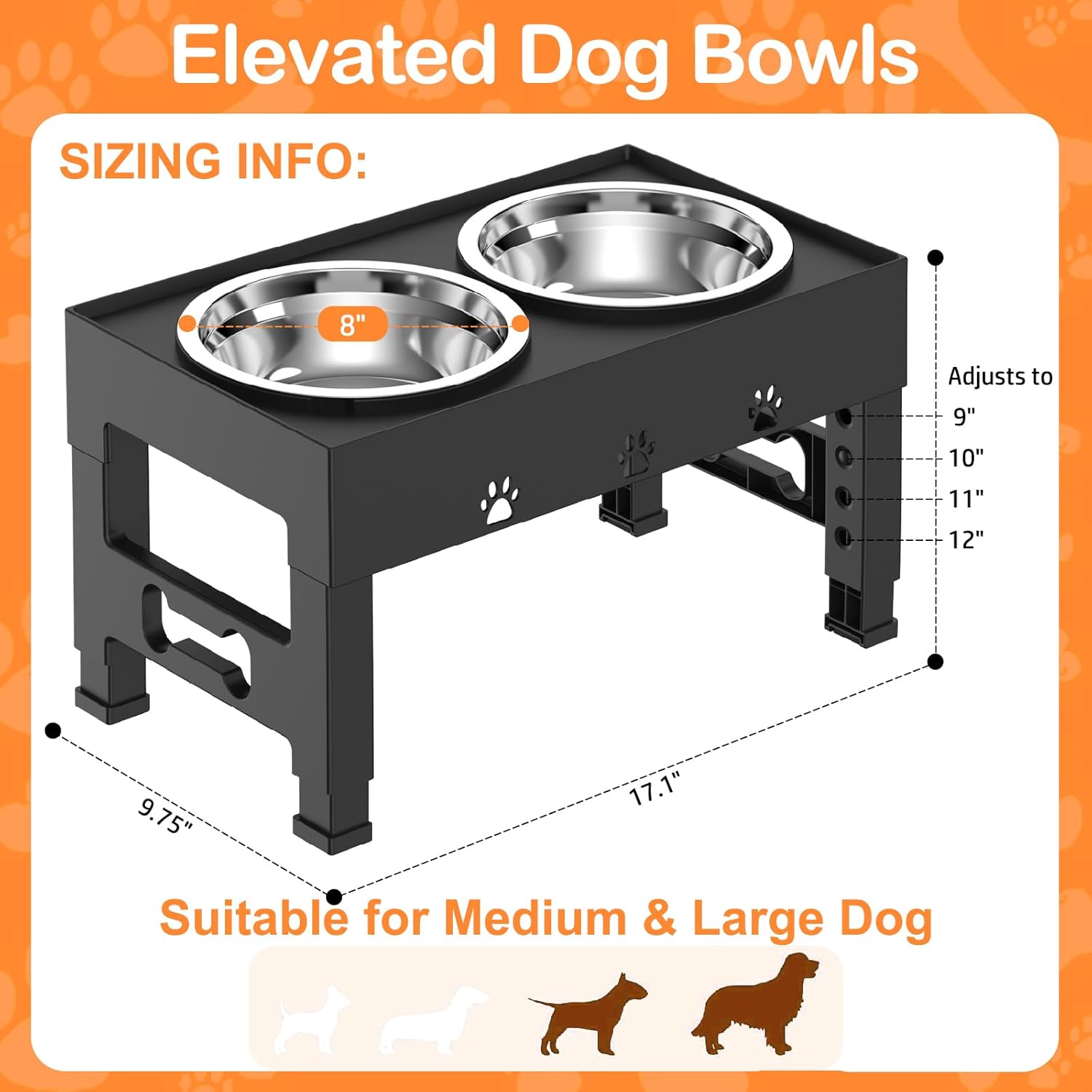 Elevated Dog Bowls with 2 Stainless Steel Bowls, Raised Dog Food Bowl Stand 5 Height Adjustable (3.1", 9", 10", 11", 12") Non-Slip Feeder Station Set for Medium and Large Dogs - Black - Image 5