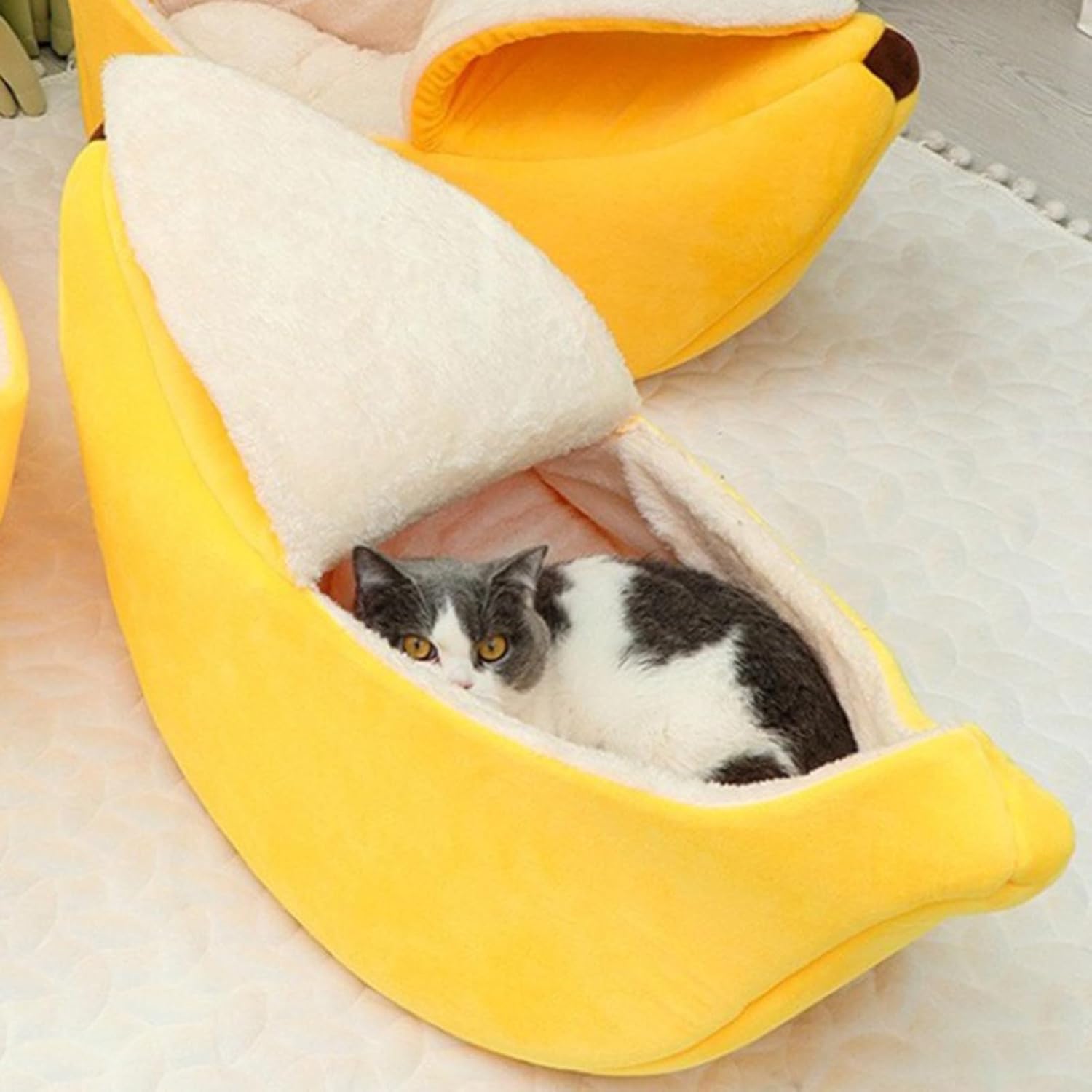 Banana Shaped Pet Bed, Cute Soft Semi-Enclosed Sleeping Bag for Dog Cat, Washable Winter Warm Deep Sleep Pet Kennel, Pets Thickened Cushion House for Kittens Rabbits Sleep (White, L) - Image 5