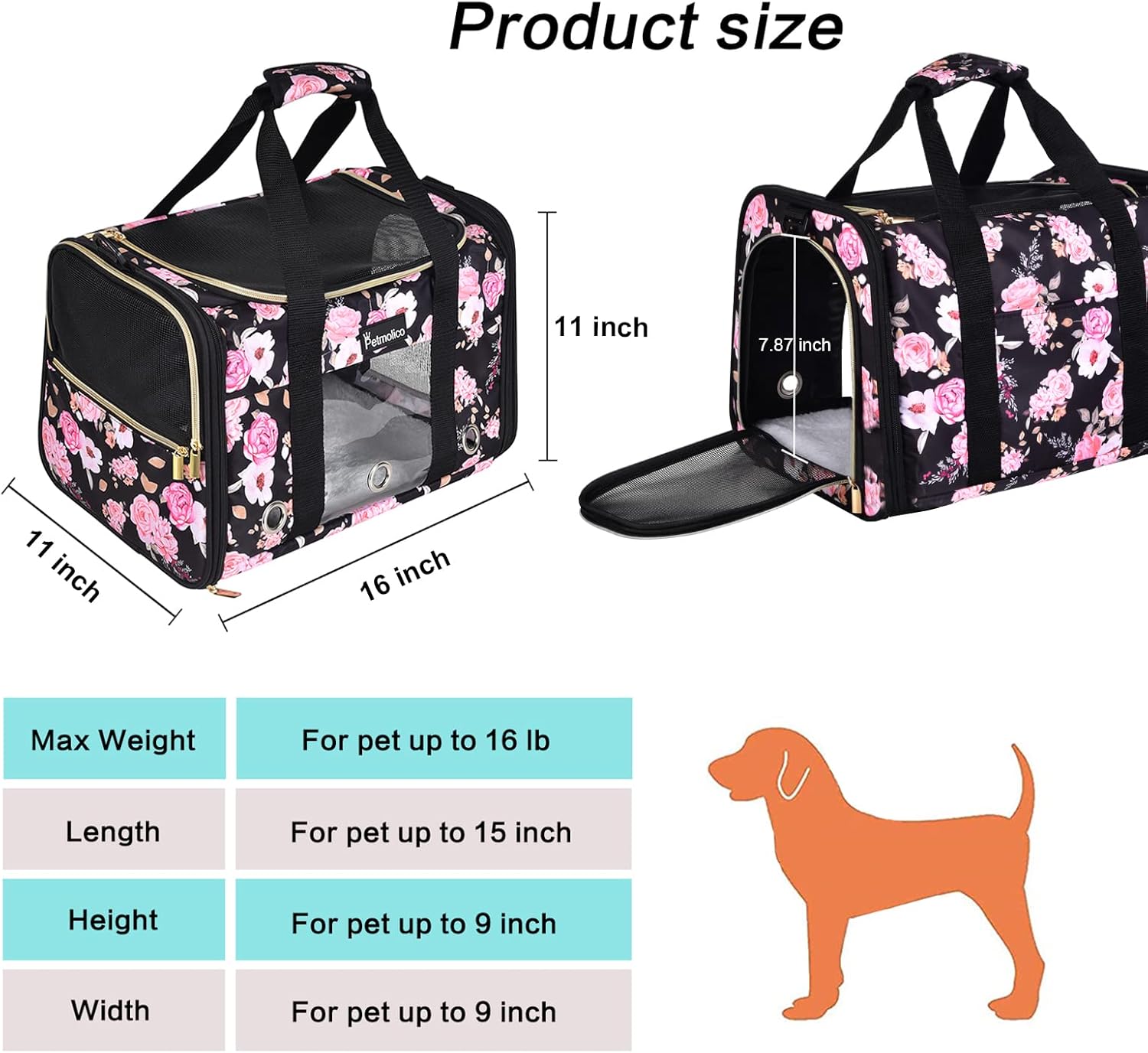 Petmolico Cat Carrier Soft-Sided Pet Bag for Small Medium Cats Puppies 16LBs - Airline Approved Pet Travel Carrier 3 Open Doors (Medium,Pink Peony) - Image 6