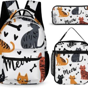 Backpack with Lunch Box Cosmetic Bag Bookbag Set Cute Cat Animals Pet Shoulder Bags with Lunch Box Storage Bag Backpack Set