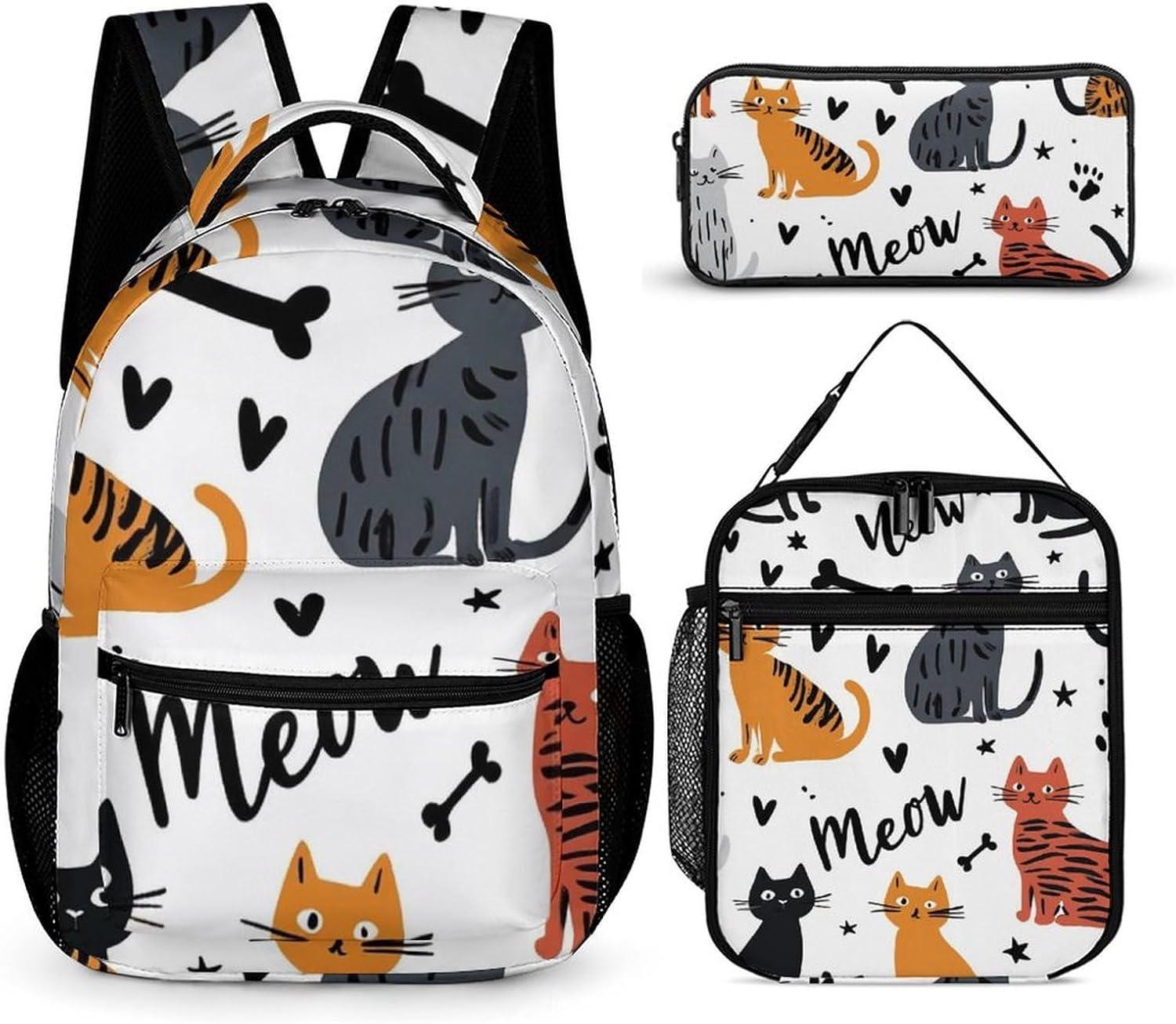Backpack with Lunch Box Cosmetic Bag Bookbag Set Cute Cat Animals Pet Shoulder Bags with Lunch Box Storage Bag Backpack Set