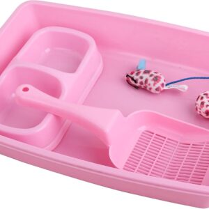 PAWISE Small Cat Litter Box Kit for Kittens – 5‑Piece Kit with Low Entry Litter Pan, Scooper, Feeding Bowls & Mouse Toy – Cat Starter Set for New Kitty Home, Pink